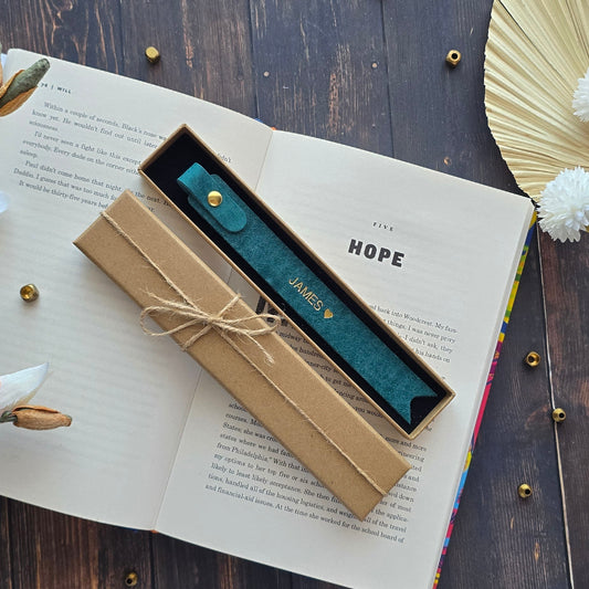 leather bookmark personalised with JAMES heart