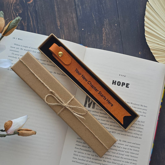 Personalised leather bookmark with NEW CHAPTER