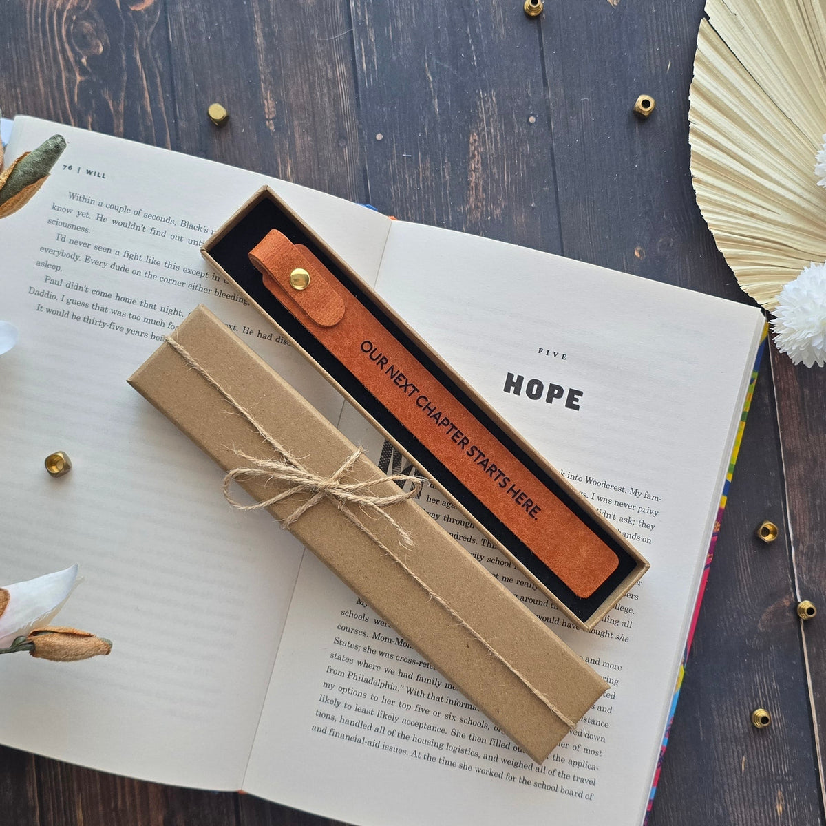 Large personalised leather bookmark with meaningful message