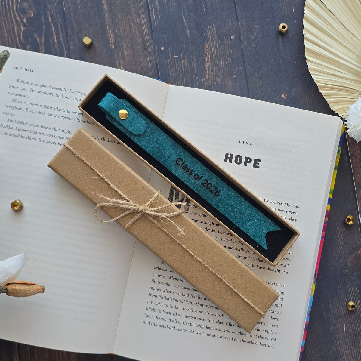 Personalised graduation gift with leather bookmark