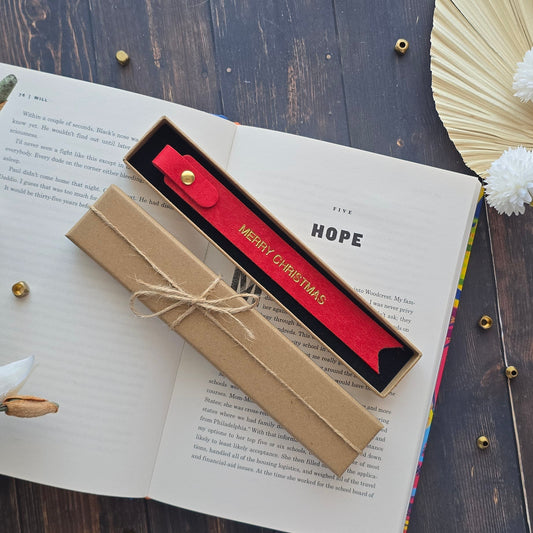 Personalised red Christmas leather bookmark with MERRY CHRISTMAS