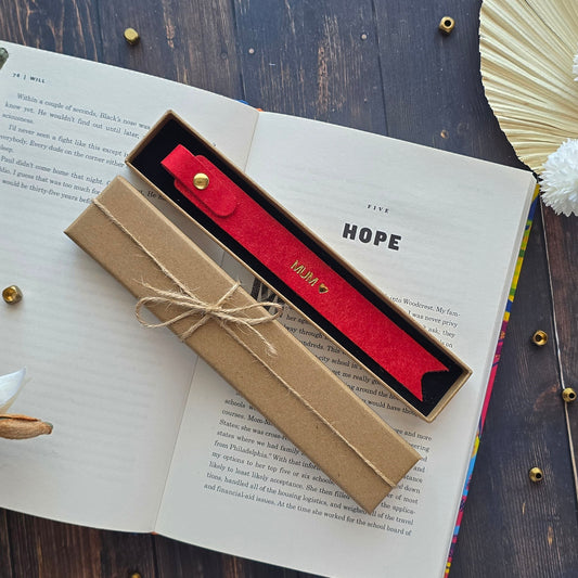 Red leather bookmark personalised with MUM heart