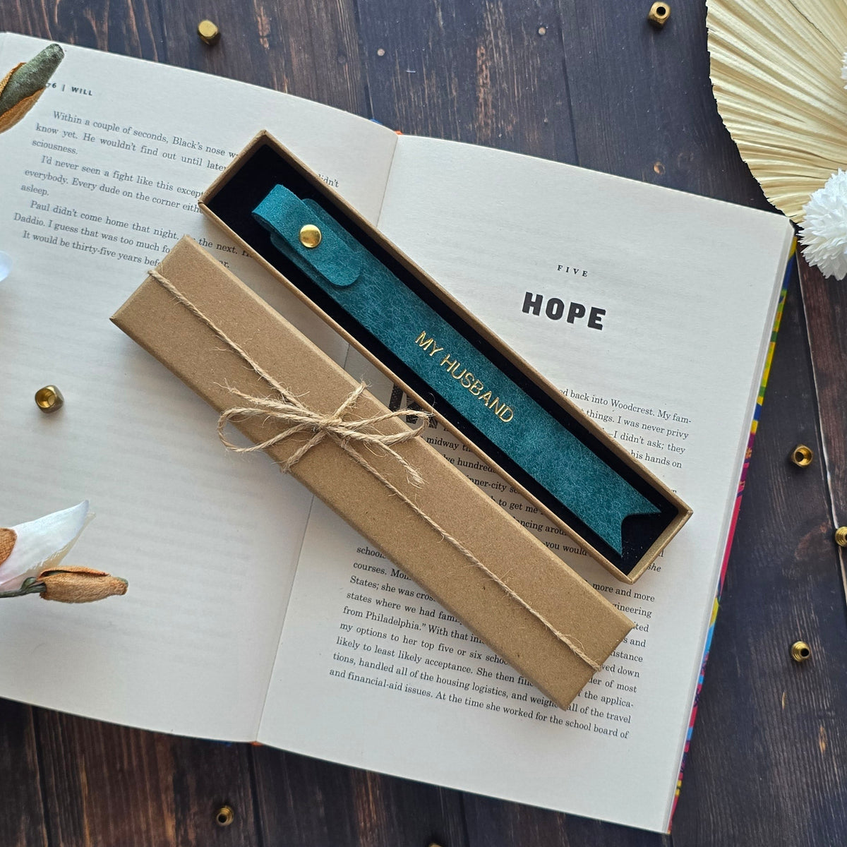  Personalised leather bookmark with MY HUSBAND