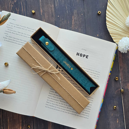 leather bookmark personalised with JAMES heart