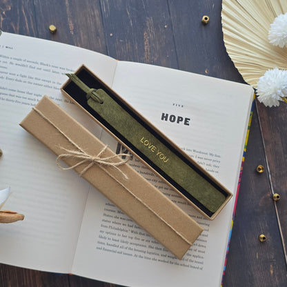 green leather bookmark personalised with LOVE YOU