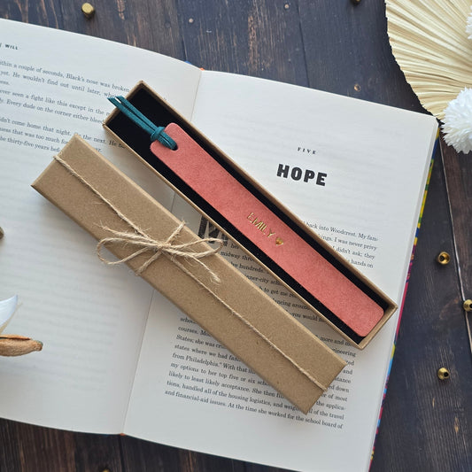  Personalised pink leather bookmark with EMILY heart