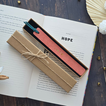 Pink leather bookmark with gold personalisation