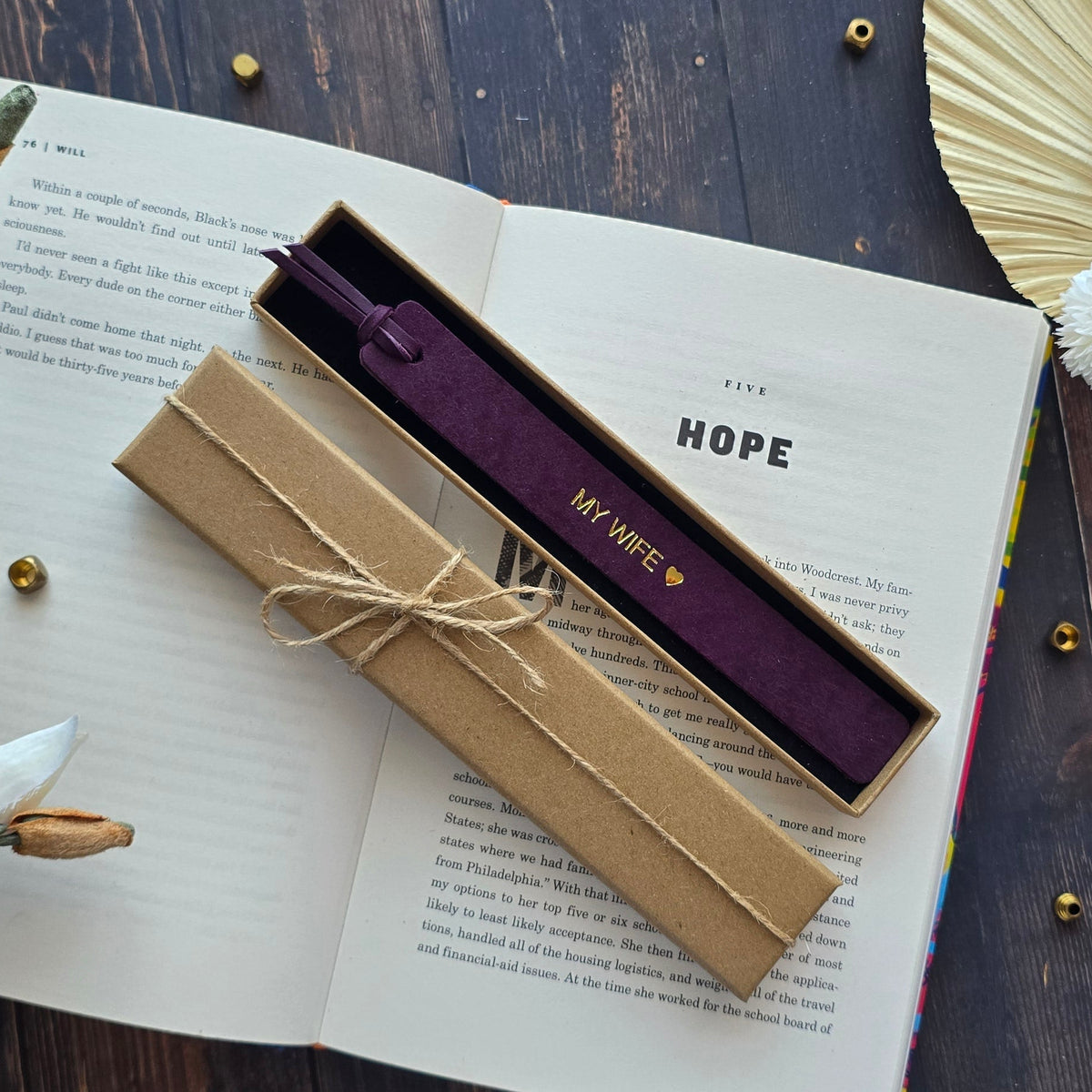 Personalised burgundy leather bookmark with MY WIFE heart