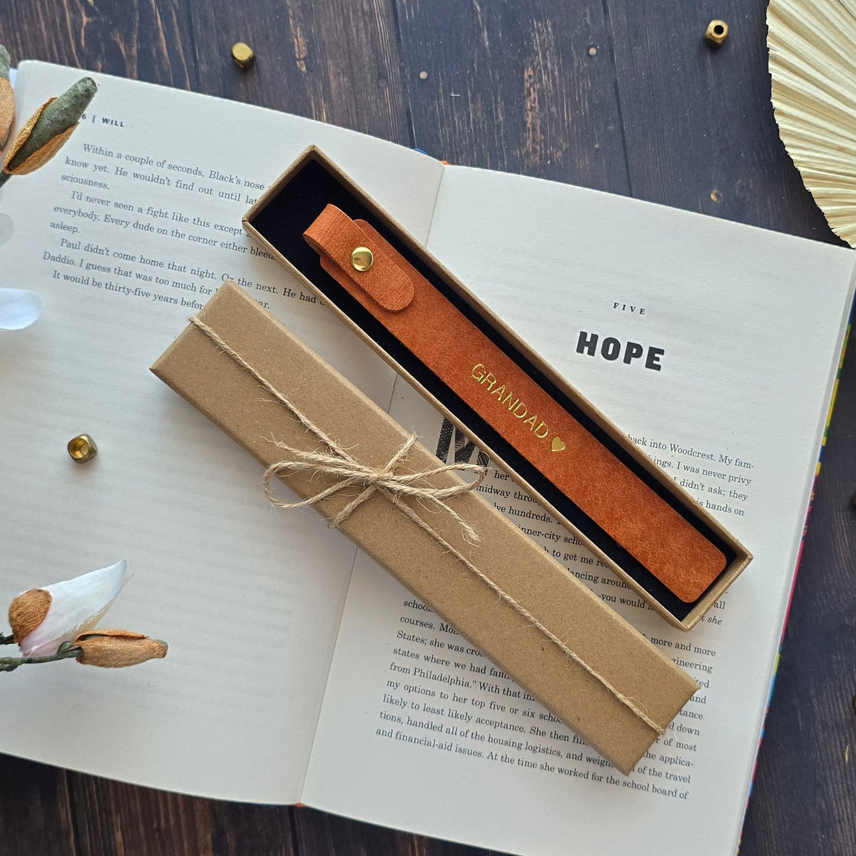 Personalised brown leather bookmark with gold GRANDAD heart