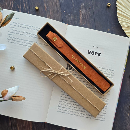 Personalised brown leather bookmark with gold GRANDAD heart