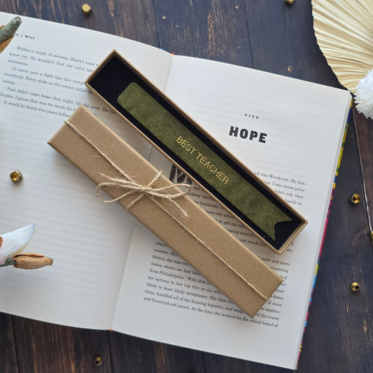 Personalised green leather bookmark for teacher