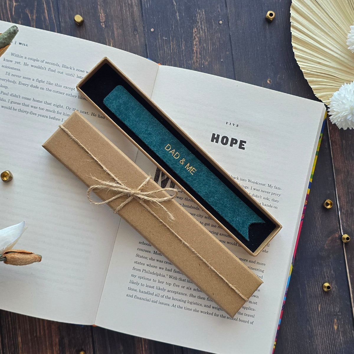 Blue leather bookmark personalised with DAD AND ME