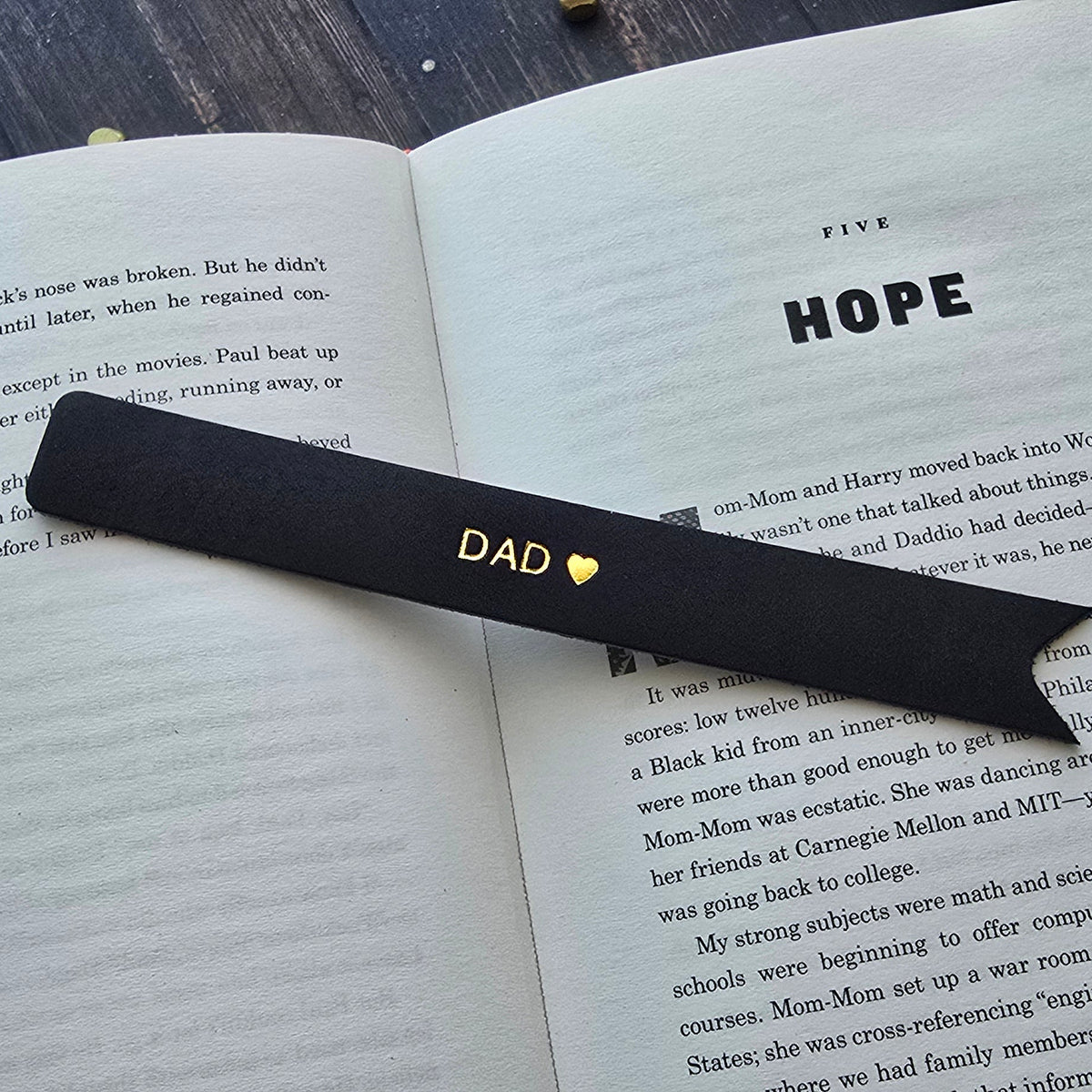  Black leather bookmark personalised with DAD gold embossing