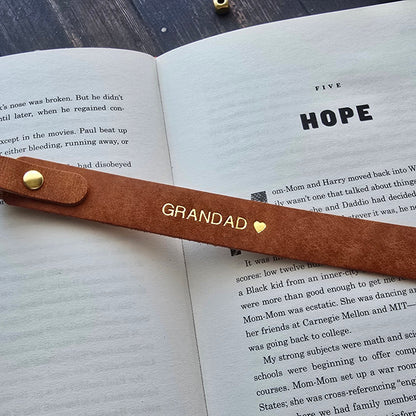 Personalised brown leather bookmark with gold GRANDAD heart