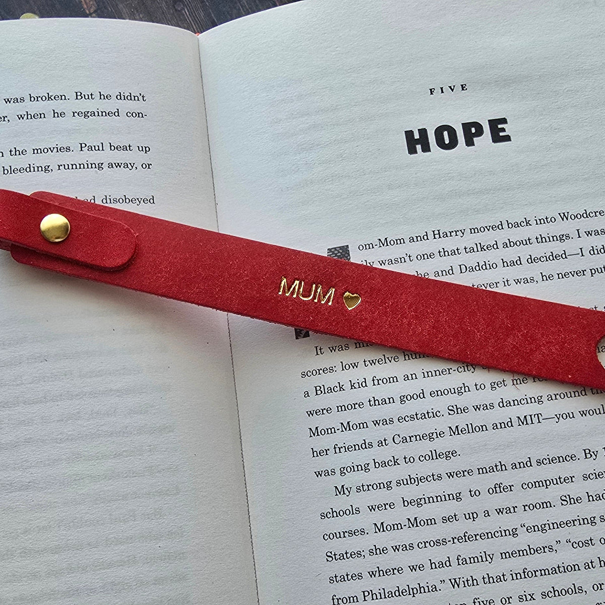 Red leather bookmark personalised with MUM