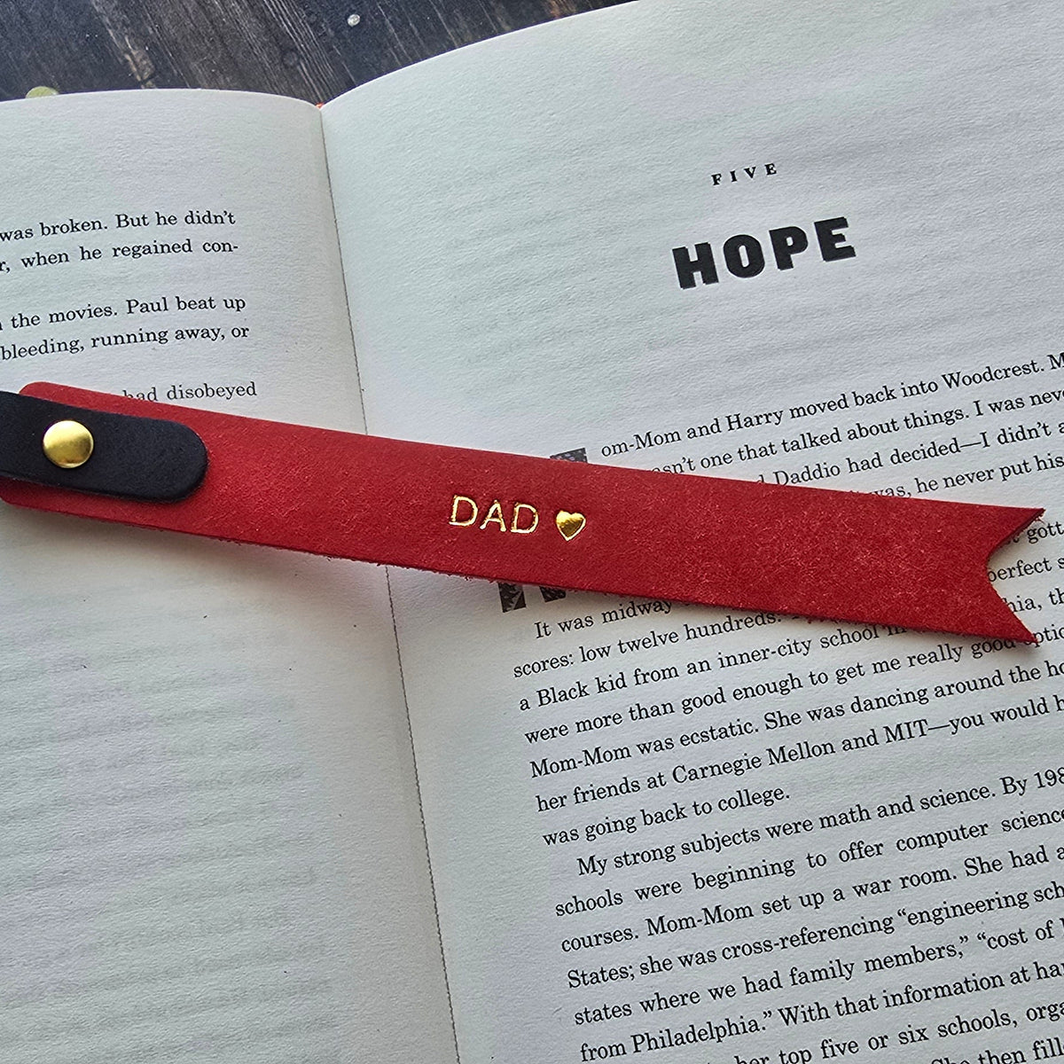 Red leather bookmark personalised with DAD heart