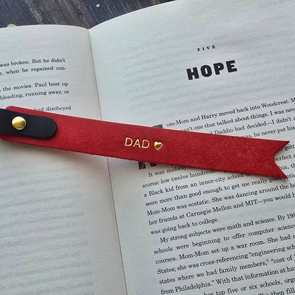 Red leather bookmark personalised with DAD heart