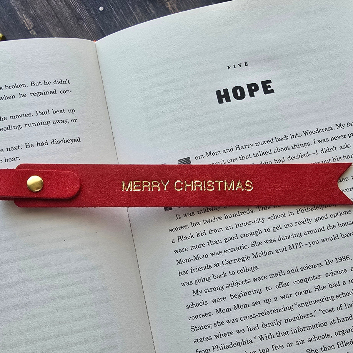 Personalised red Christmas leather bookmark stoking filler