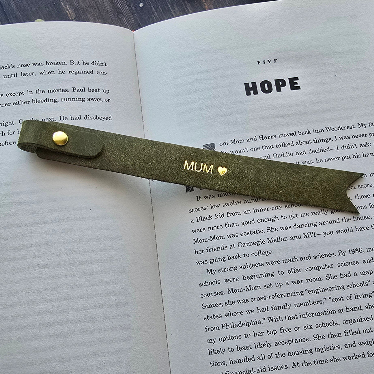 Close up of personalised leather bookmark for Mum