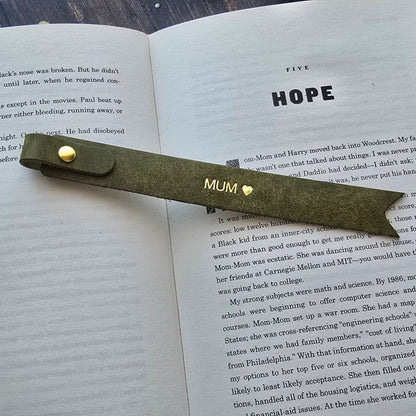Close up of personalised leather bookmark for Mum