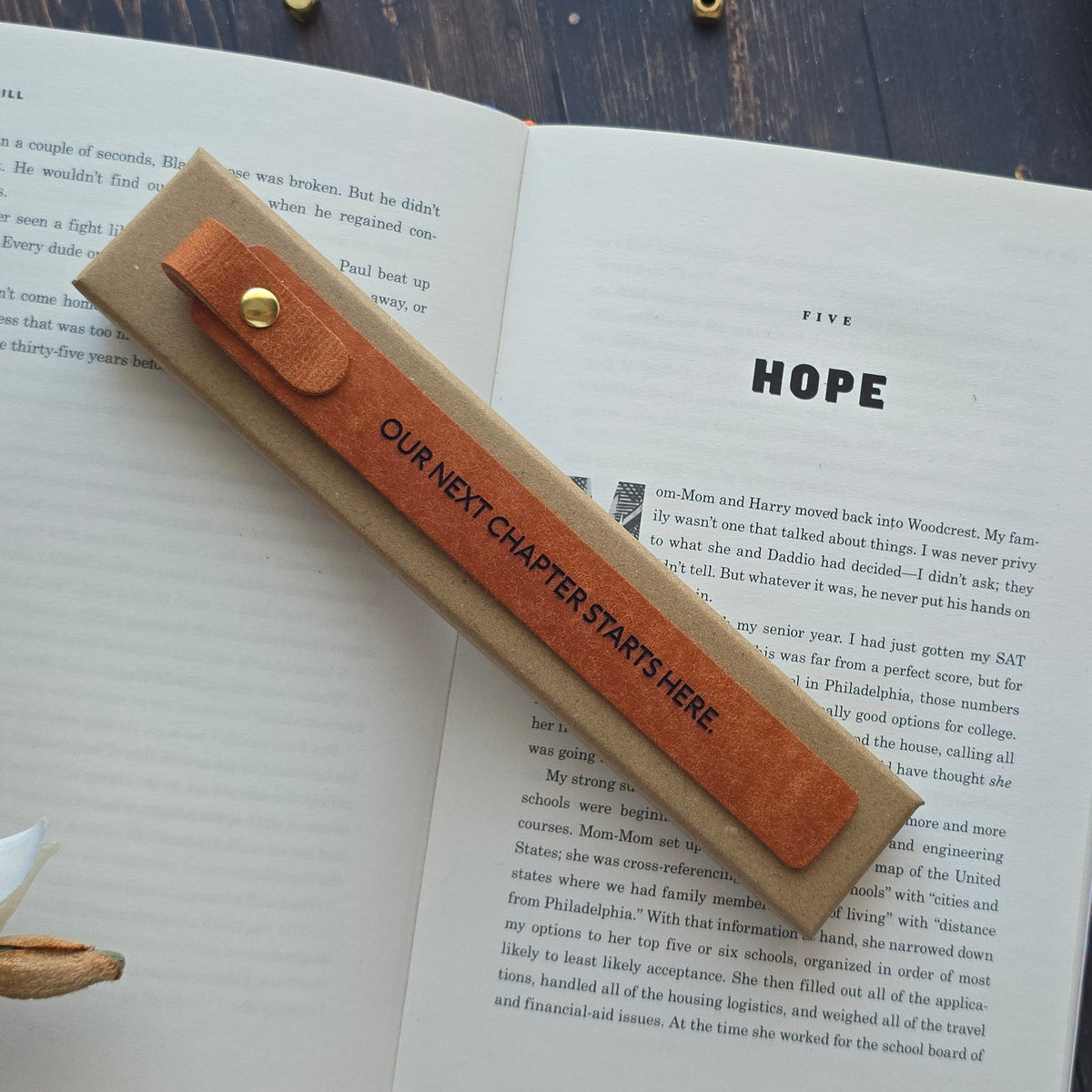 Large leather bookmark inside book