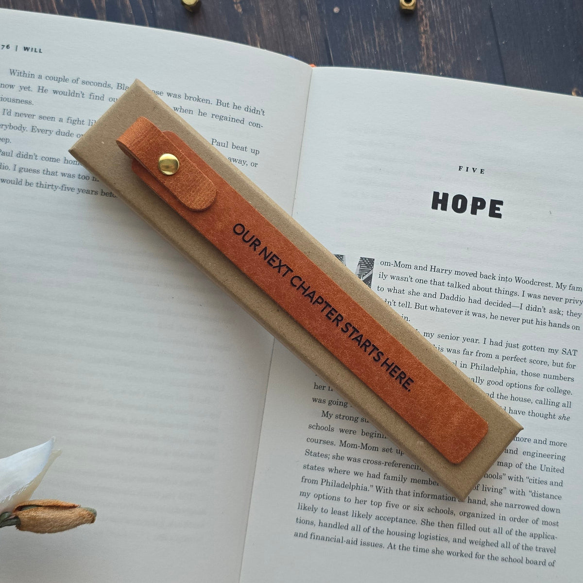 Personalised leather bookmark with OUR STORY