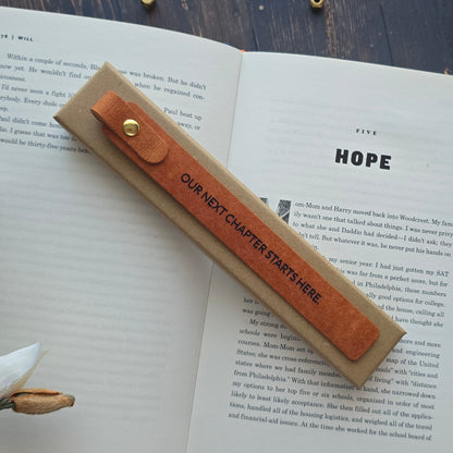 Personalised leather bookmark with OUR STORY