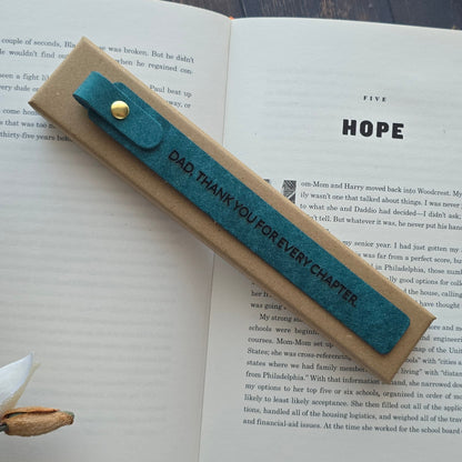A rectangular teal leather bookmark with gold snap buttons