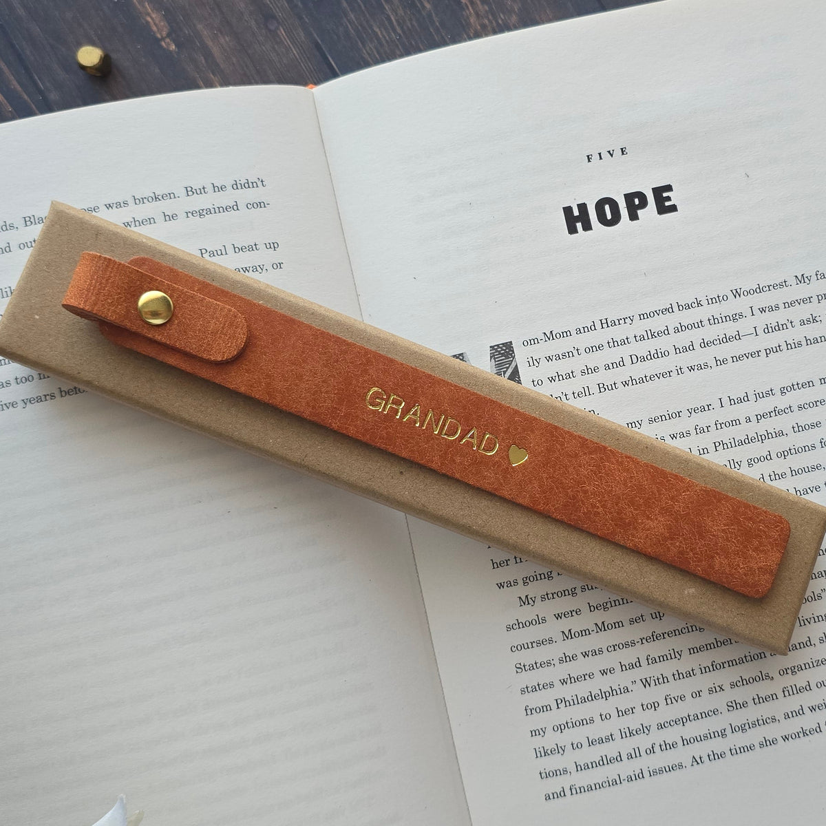 Personalised brown leather bookmark  gift with gold GRANDAD
