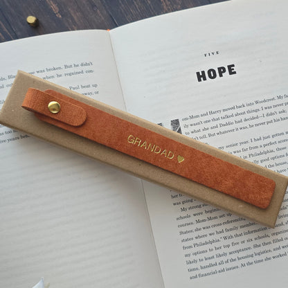 Personalised brown leather bookmark  gift with gold GRANDAD