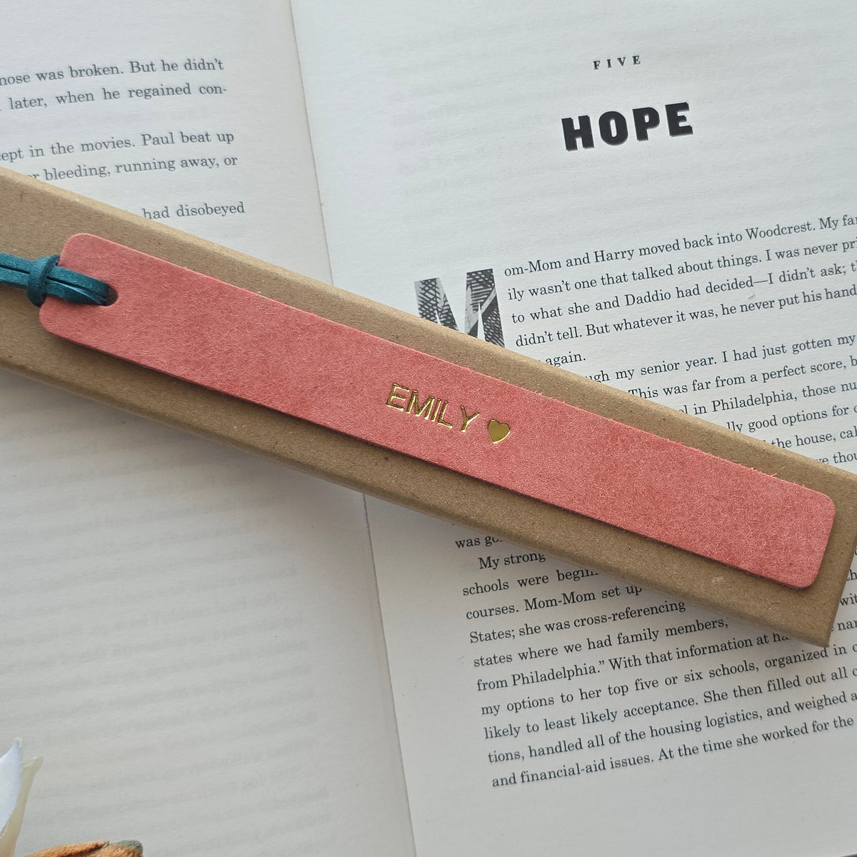 Personalised pink leather bookmark with EMILY heart