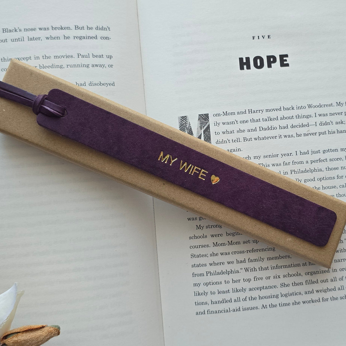 Handmade leather bookmark gift for wife