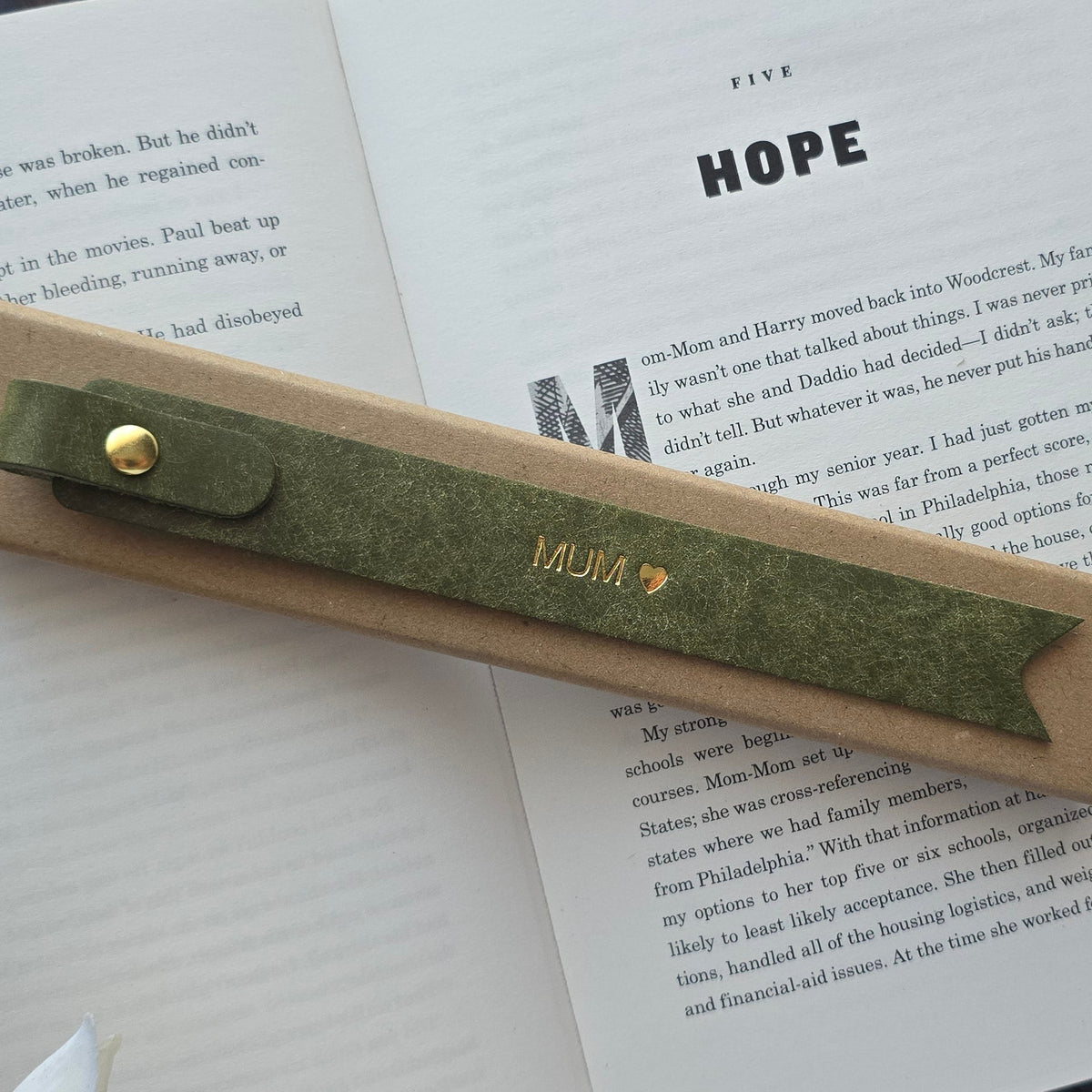  leather bookmark personalised with MUM heart embossing